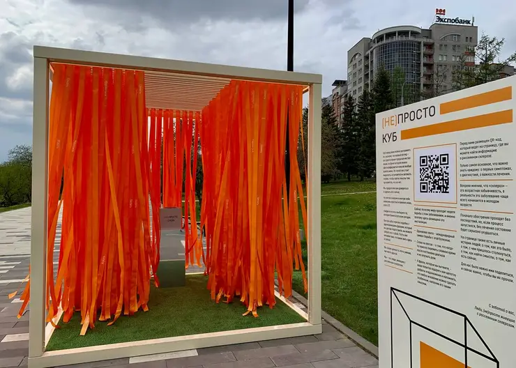 В Красноярске на Центральной набережной установили интерактивный куб с оранжевыми лентами