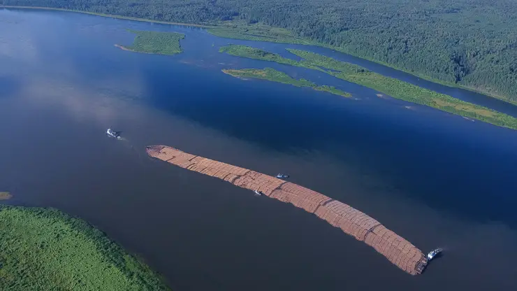 По Енисею отправился гигантский плот с лесом для «Норникеля»