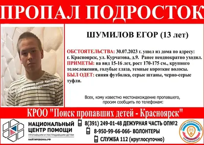 В Красноярске разыскивают пропавшего 13-летнего подростка