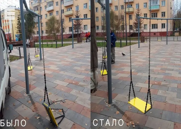 На правобережье Красноярска отремонтировали сломанные качели