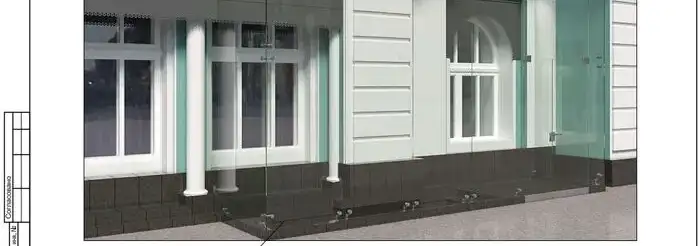 Весь объём театра со стороны бокового фасада и остекление спуска в подвал. Фото: скриншоты документации закупки