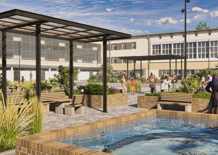 В Красноярске благоустроят площадь перед ГорДК на Высотной — с качелями, навесами и «зеленым щитом»