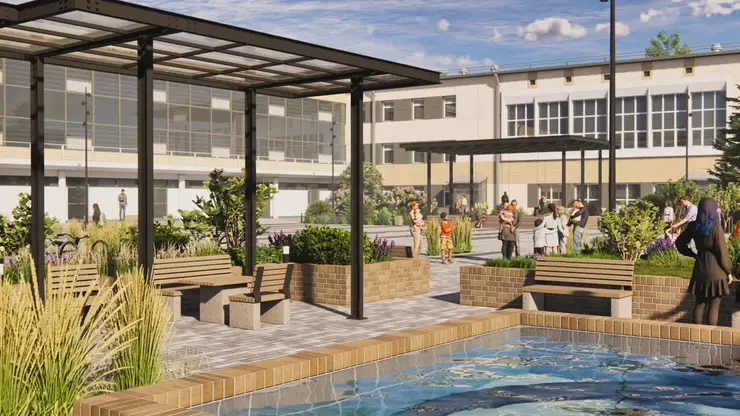 В Красноярске благоустроят площадь перед ГорДК на Высотной — с качелями, навесами и «зеленым щитом»