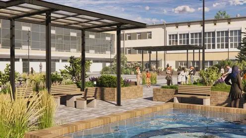 В Красноярске благоустроят площадь перед ГорДК на Высотной — с качелями, навесами и «зеленым щитом»