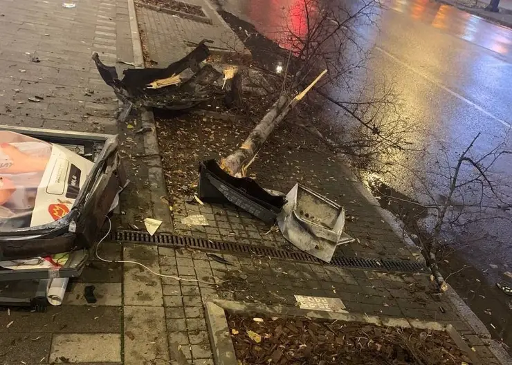 В центре Красноярска водитель Audi снёс два дерева и рекламный щит
