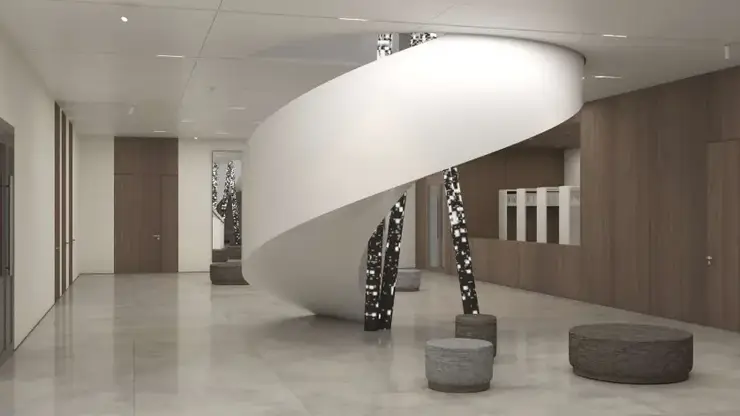 В строящемся «Суриков-центре» в Красноярске начали монтировать винтовую лестницу