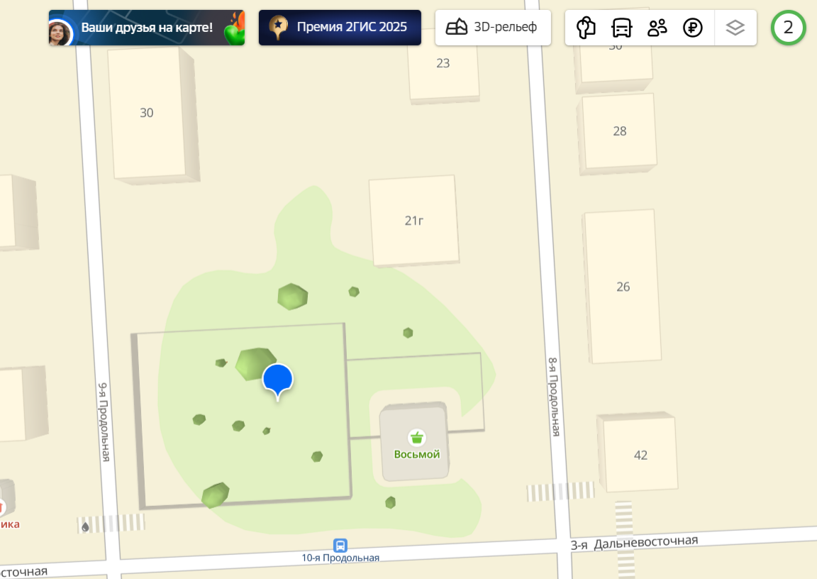 Скриншот: 2ГИС. В картах сквер выглядит так — там изображены деревья, которых по факту уже нет